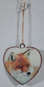 WOODLAND FOX METAL DOUBLE SIDED HAND PAINTED HEART SHAPED ORNAMENT 4 3 /8" TALL - Picture 1 of 5