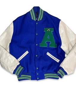 Vintage Dehen 1960/1970 Blue Wool Leather Varsity Jacket size 44 - Picture 1 of 11