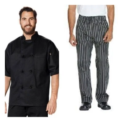 NWT DICKIES BLACK CHEF UNIFORM COAT BLACK DC48 STRIPED PANTS MENS XXS WOMENS 0-4 - Image 1 of 4