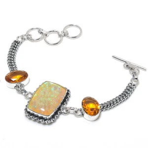 Triplet Opal Citrine Gemstone Silver Plated Chain Bracelet Dainty Jewelry 7-8" - Picture 1 of 1