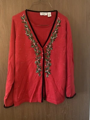 Suéter Feo Navidad Cuentas de Acebo Rojo Perlas Lord & Taylor De Colección MEDIANO Foto 1 de 4
