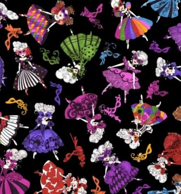 Loralie Designs - Tossed Masquerade Quilting Cotton Fabric with Ladies and Masks - Image 1 of 4