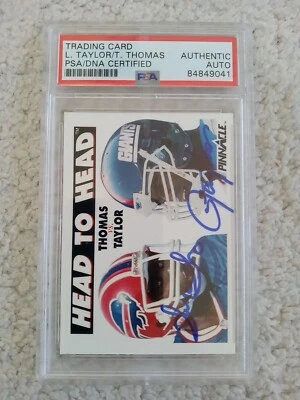 Thurman Thomas/Lawrence Taylor 1991 Pinnacle Head To Head Auto Card PSA/DNA HOF  - Image 1 of 4