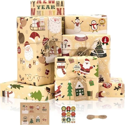 6 pcs Christmas Gift Wrapping Paper set with Tags Stickers and Ribbon Gift Wrap - Image 1 of 4