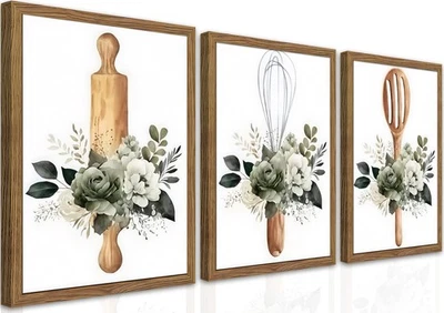 Juego de 3 arte de pared de lienzo de cocina moderno - pared de planta floral minimalista enmarcada... Foto 1 de 4