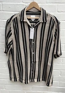 New Next Mens Monochrome Crochet Stripe Short Sleeve Shirt X Large Cotton Blend - Picture 1 of 9