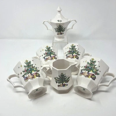 Nikko Navidad Japón Cerámica Árbol de Navidad Taza Crema Azúcar Cuenco Set 6 Piezas Foto 1 de 4