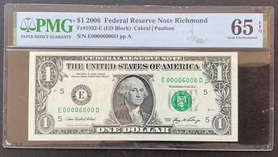 2006 $1 Dollar, Fancy Serial 00006000, FRN Richmond, VA Note Gem 65 EPQ PMG GEM - Image 1 of 4