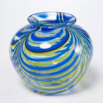 Ваза ручной работы Stephen Fellerman из художественного стекла с натянутым пером синяя желтая 4 дюйма в час - Изображение 1 из 4