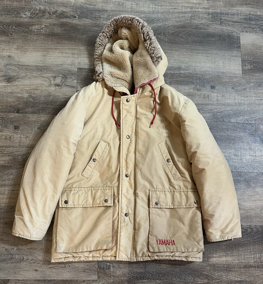 Vintage Yamaha Parka Jacket Coat Mens L Beige Hooded Embroidered Logo - Image 1 of 4