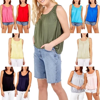 NEW LADIES JERSEY BUBBLE VEST WOMEN RUCHED STRETCH ELASTIC NECK HEM BALLOON TOP - Image 1 of 3