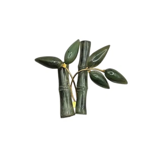 Vintage 1950s '60s Carved Jade Nephrite Bamboo Stalk Leaves Brooch Gold Tone 2" - Picture 1 of 3