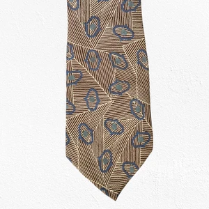 80s Vintage Chaps Ralph Lauren Geometric Brown Blue Made in USA Silk Neck Tie - Picture 1 of 6