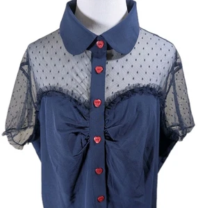 Gothic Lolita Top Sz 3X Polka Dot Mesh Lace Red Heart Button Up Peter Pan Collar - Picture 1 of 12