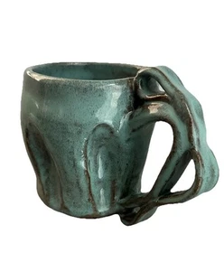Studio Art Pottery Handmade Coffee Mug Blue Green Glaze Rustic Cup Signed Artist - Picture 1 of 8