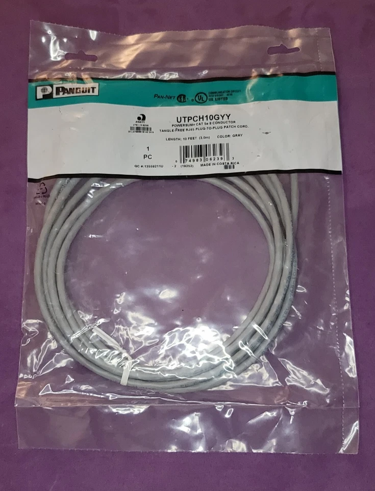 (4) PANDUIT UTPCH10GYY CAT5E 8 CONDUCTOR PATCH CORD 10FT GRAY *NEW* - Image 1 of 3