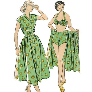 Traje de playa de cuatro piezas para mujer con patrón de la década de 1940 - busto 33- 43,5" (84-110,5 cm) - Imagen 1 de 1