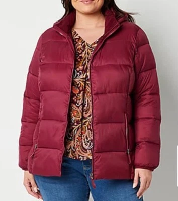 Chaqueta con capucha acolchada borgoña St. John's Bay 1X para mujer nueva con etiquetas Foto 1 de 4