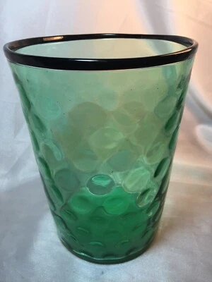 Dimpled Green Glass Vase Black Rim-Mid Century Modern - Image 1 of 4