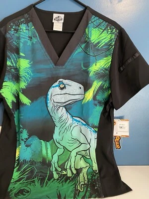 Raptor Cherokee Scrubs Tooniforms Jurassic World Mens Sz S V Neck Top TF708 JWUG - Image 1 of 4