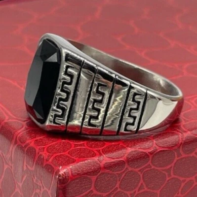 Anillo de Hombre Elegante/Deportes Piedra Negro Ónix Áspero Rectangular + Líneas - Imagen 1 de 4