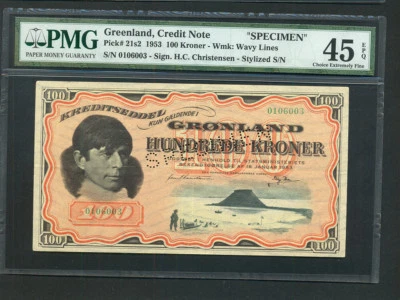 Greenland:P-21s2,100 Kroner,1953 * Specimen * Knud Rasmussen * PMG EF 45 EPQ * - Image 1 of 2