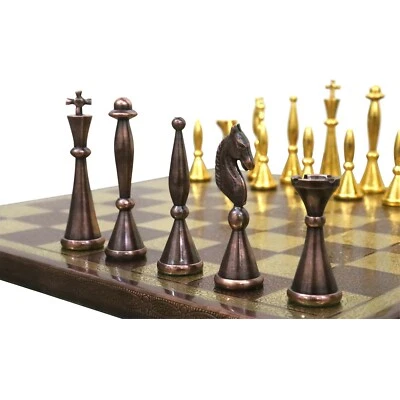 14" Brass Metal Modern Luxury Chess Pieces & Board Set- Antique Copper & Gold - Image 1 of 4