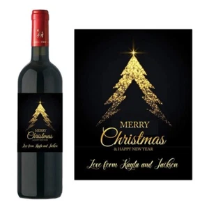 PERSONALISED WINE BOTTLE LABEL STICKER BLACK CHRISTMAS TREE STOCKING FILLER GIFT - Picture 1 of 2