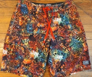 Lost Mayhem schwarze Boardshorts Schaf Größe 32 Totenkopf Graffiti-Druck AOP Y2K Vintage - Bild 1 von 16