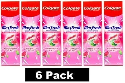 6 x COLGATE 100g TOOTHPASTE MAX FRESH WITH MINI BREATH STRIPS WATERMELON BLAST - Image 1 of 4