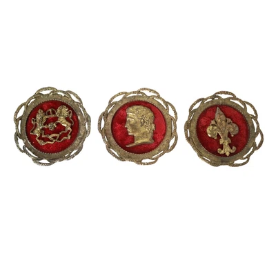 Vintage Cameo Wall Frames Plaques Red Velvet Victorian Deco Lions Fleur De Lis - Image 1 of 4
