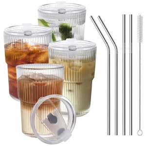 Iced Coffee Cups With Lids and Straws 4 Pcs 16 OZ Unbreakable Glasses Drinkin... - Picture 1 of 9