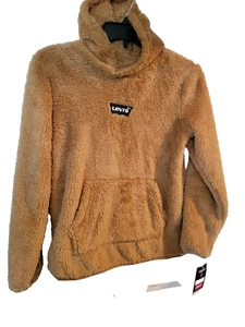 Levis Youth Brown Pullover Hoodie Fuzzy Teddy Fleece Logo Size M (10-12 Yrs) NEW - Picture 1 of 5
