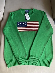 Polo Ralph Lauren Womens Green Jumper Sweater American Flag Cotton L RRP349 - Picture 1 of 15