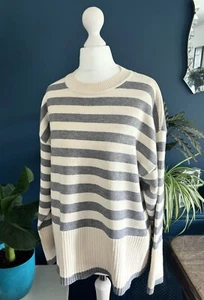 Zara Ecru Grey Oversized Striped Knitted Sweater Jumper Size M 8 10 12 - Picture 1 of 12