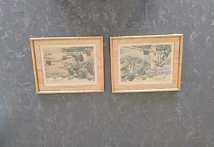 Pair Asian River Painting Chinese Watercolor Art on Silk Framed Faux Bamboo - Picture 1 of 8