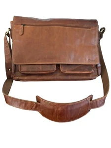 Valenchi Brown Distressed Leather Messenger Bag Laptop Flap Top Adj Strap Padded - Picture 1 of 7