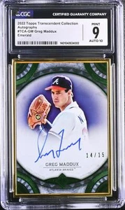 2022 Topps Transcendent Emerald #TCAGM Greg Maddux CGC 9 Gem Auto 14/15 Braves - Picture 1 of 2