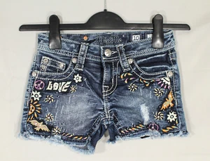 MISS ME Girl's LOVE PEACE HIPPIE DESIGN Rhinestone Studs Pockets DENIM SHORTS 10 - Picture 1 of 5