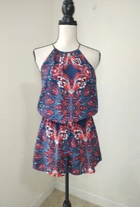 Parker Womens Romper Red Blue Paisley Sleeveless Crewneck Tiered  SZ XS B8 - Picture 1 of 5