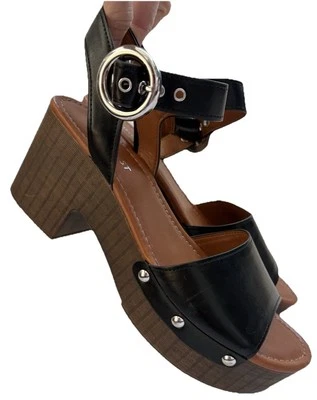 Nine West Wooden Heel Platform Sandals Size 9 Women’s Black Studded Ankle Strap - Image 1 of 4