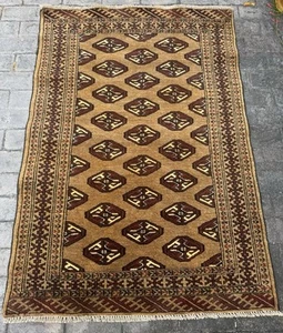 VTG Oriental Turkoman Bokhara All Wool Hand Made Rug 56 X 38.5 Inch Camel Field - Picture 1 of 12