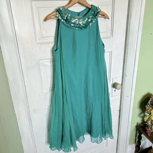60s Vintage Turquoise Chiffon Tent Dress With Sequined Collar - Picture 1 of 8