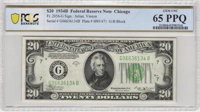 Fr.2056-G 1934B Chicago $20 Federal Reserve Note PCGS Gem UNC 65 PPQ - Image 1 of 2