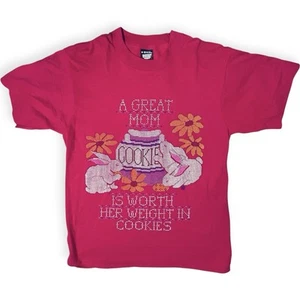 Vintage 90s Bunnies Mom Cookies Cross Stitch Pink Single Stitch T-Shirt Sz Med - Picture 1 of 8