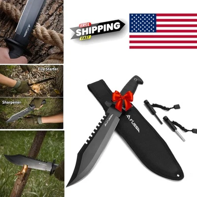 Cuchillo de caza de supervivencia hoja fija Full Tang de 15 pulgadas con funda y afilador Foto 1 de 4