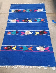 Mexican ZAPOTEC Hand-Loomed Flat Weave Rug/Wall Hanging w FISH--Colorful! 80x52" - Picture 1 of 7