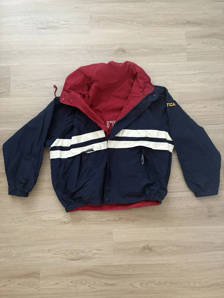 Jaqueta náutica reversível vintage veleiro soletrado vermelho marinho branco GG? - Imagem 1 de 4