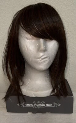 TEN CHOPSTICKS 100% Human Hair WIG with Bangs Brown w/Caramel Highlights 12” NEW - Image 1 of 4