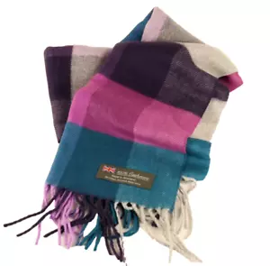 Bufanda 100 % cachemir a cuadros azul rosa púrpura hecha en Escocia 64 x 11 pulgadas invierno - Imagen 1 de 5